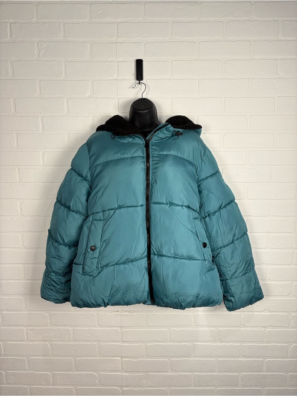 Madden Girl Teal Quilted Puffer Jacket Sherpa Lined Hood XL